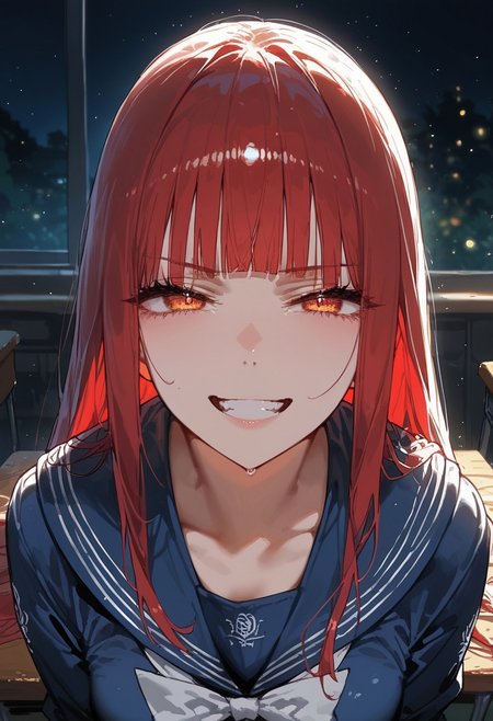 score_9, score_8_up, score_7_up, score_6_up, score_5_up, score_4_up, source_anime,
masterpiece, detailed, detailed body, 
, 
volumetric lighting, vibrant colors, light particles, godrays, warm light, 1dk, Expressiveh
girl, solo, ),  ,  sitting on desk,
   shiny, shiny skin, skindentation, 
 <lora:zs_SahoriXL_1:1> sahorismtv, long hair, blunt bangs, red hair, blue serafuku, long sleeves, blue skirt, white pantyhose, night, school classroom, evil grin,looking at viewer, from above,  
 Expressive eye,
Expressionless,