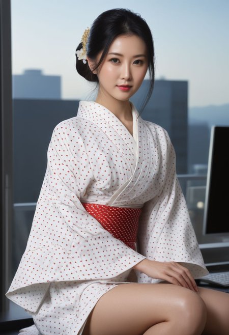 FOTOREALISTIC, night, long_straight black hair, beautiful japaneese_lady, tall, huge_breasts, big_tits, white_japaneese_kimono_with_round_red_dots, office, ,sitting behind a desk and working, background window_tokio,  score_9, score_8_up, score_7_up, score_6_up, score_5_up, score_4_up, UHD, 8K, masterpiece, ultra-realistic, Ultra detailed photorealistic background, photoreal, realistic high detailed beautiful face, anatomic correct bodies, ultra_high_resolution, Extremely Realistic, lots of detail, emty_hands, hands_hidden.