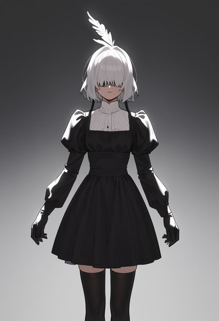 masterpiece, best quality, white blindfold, covered eyes, mole under mouth, clothing cutout, long sleeves, puffy sleeves, juliet sleeves, feather trim, black thighhighs, black gloves, black dress, black skirt,  <lora:Abbystea_Style_LoRA_XL:1>, abbystea style