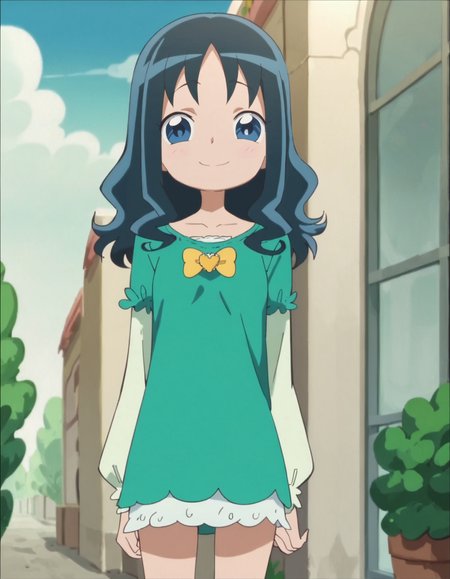 score_9, score_8_up, score_7_up, anime screencap, solo,1girl,kurumierika,heart brooch, green shirt,white sleeves,jewelry,smile,yellow  bow,cowboy shot,small breasts,<lora:kurumierika:0.8>