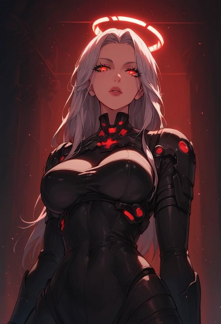 score_9,score_8_up,score_7_up,score_6_up, anime character, female warrior, silver hair, red glowing eyes, black tactical outfit, katana, glowing halo, red ambient lighting, dystopian alley, intricate details, cyberpunk aesthetic, neon signs, dramatic backlighting, intense atmosphere, dark urban environment, high contrast, manga art style