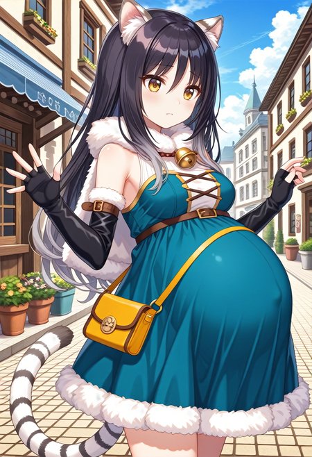 STYLE(comfy++,none) masterpiece, best quality, absurdres, 1girl, [tsukasawa takamatsu:cura, fuzichoco:0.3], torino aqua, shiori \(princess connect!\), tiger girl, tiger ears, animal ear fluff, tiger tail, striped tail, hair between eyes, yellow eyes, brown eyes, black hair, long hair, gradient hair, grey hair, black gloves, fur capelet, fingerless gloves, elbow gloves, bare shoulders, medium breasts, clothed, pregnant, big belly, standing,  frown, looking down, open hand,  w arms,  day, street, game cg, <lora:Other/Pregnancy_Slider.safetensors:1.2000000000000002:1.2000000000000002> <lora:Tech/dmd2_sdxl_4step_lora_fp16.safetensors:1.0:1.0> <lora:Other/pregnant_cl_v3.safetensors:1.0:1.0>
