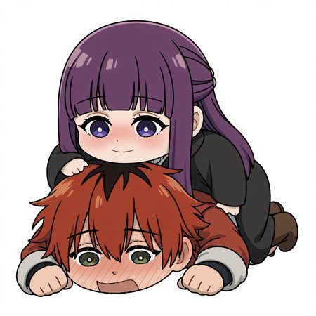 stbpy, blush, smile, simple background, 1girl, 1boy, chibi, open mouth, full-face blush, closed mouth, sitting on person, white background, stark \(sousou no frieren\), fern \(sousou no frieren\), <lora:so_true_besties_peg_you-14-NOOB-EPS.1.1:1.3>