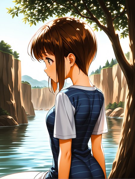masterpiece,best quality,newest,
1girl,solo,medium breasts,
<lora:k_miu_ilxl_v1.1:1>,miu,short hair,brown hair,brown eyes,m_clothes,striped shirt,white mini skirt,
<lora:Fixhands_anime_bdsqlsz_V1:1>,profile,river,large tree,looking_back,from_back,from behind,cliff,sitting_on_rock,upper_body,