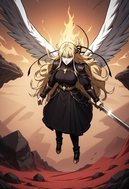 score_9, score_8_up, score_7_up, score_6_up, detailed, extremely detailed, Uriel, green eyes, blonde hair, long hair, majestic, black armor with gold features, graceful look, badass, mighty looking, powering up a strong attack,
large white wings, feathery, wings spreading out behind, white glowing burning sword, white flames, ((holding sword with both hands)), sword facing upwards, holding sword over head, flying, in the sky, 
BREAK
in hell, red sand, dark rocks, gloomy city in background, orange sky, stars visible