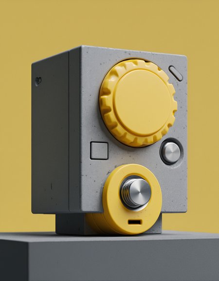 3d render, product render, boxy device with a big knob. yellow accents. ultra detailed composition, cycles <lora:3d-render-v2:1>