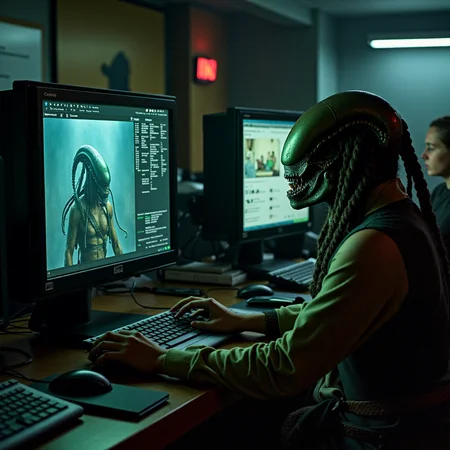 indoors, lab, computers with Weyland-Yutani user interface with (image of xenomorphs in pirate attire and menu items), uhd <lora:Weyland-Yutani_User_Interface_Design_-_Alien_Flux:0.8>
