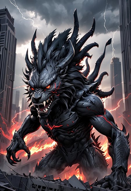 A Giant black lion Fenrir, protruding from gigantic city, fire emanates from its mouth, webbed wings, steel claws, horns, red eyes, angry, anger, 1lion, anthro, webbed wings, steel claws, horns, (((lion king head))), (((solo))), demonic, necromancy, xenomorphic skin, xenomorphic toes, focus, red eyes, demonic  angry, anger, realistic illustration, 4K, detail, apocalyptic, lightning, darkened sky. Background shapes mimic the blurred motion of the surroundings, creating a sense of urgency and excitement. The overall atmosphere is energetic and vibrant, capturing the essence of competition and speed in a modern, artistic style. Hyper-detailed digital art, contemporary and dynamic, vibrant colors, highly detailed, 8K resolution.
style of greg rutkowski, janek sedlar, jenny saville:0]  <lora:vivid_everclear:0.35>  <lora:Sinozick:0.35>  <lora:MJ52:0.35>