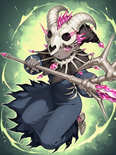 mementotlan mace, 1girl, solo, fighting stance, open mouth, looking at viewer, staff, holding staff, full body, green background, grey skin, blue dress, animal skull mask, black capelet, green theme, one eye covered,
masterpiece,best quality,amazing quality,very aesthetic,absurdres,newest,<lora:Mementotlan Angwitch & Mace illusXL v1.1:0.75>,