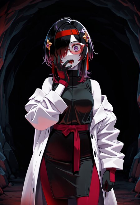 1girl, black hair, pale skin, purple eyes, hair over one eye, medium hair, medium breasts, red lipstick,
hair ornament, red headband, red glasses, sleeveless shirt, white coat, black skirt, red leggings, gloves, looking at viewer,
cave background, dark, scary,surprised, open mouth, eyes wide open, standing, cowboy shot, hand on face,
kunitarouartstyle,   <lora:kunitarouartIL-style:1>