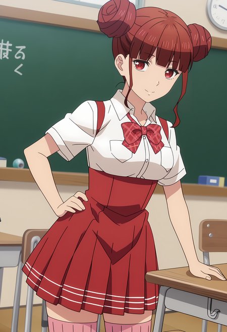 score_7_up, anime screencap,
<lora:ShuumatsuNoHarem_HiiragiShunkaXL:0.9>,
1girl, solo, light smile,
red hair, double bun, blunt bangs, sidelocks, red eyes,
HiiragiShunka, collared shirt, white shirt, plaid bowtie, short sleeves, suspender skirt, high-waist skirt, red skirt, pink thighhighs, ribbed legwear,
hand on own hip, standing, looking at viewer, cowboy shot,
classroom, blackboard, chair, indoors, blurry background