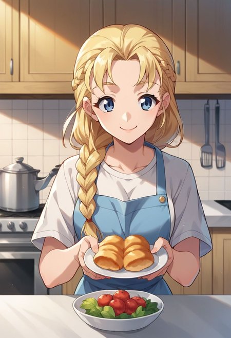 score_9, score_8_up, score_7_up, source_anime,miu furinji, blue eyes, blonde hair, long hair, 1girl, food, braid, kitchen, smile