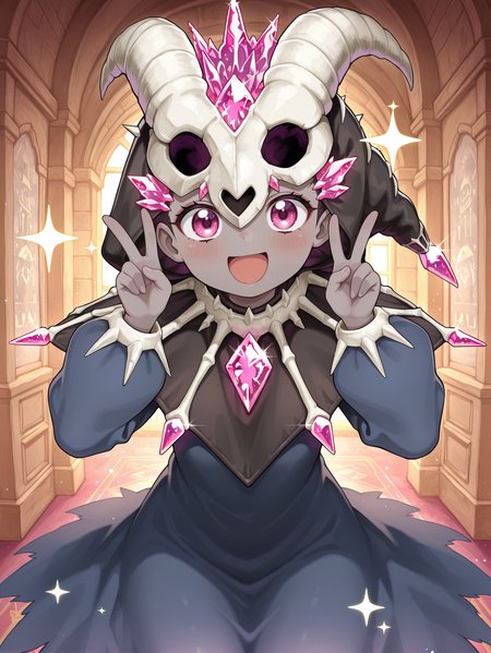 mementotlan mace,1girl,solo,open mouth,smile,pink crystal,gem,double v, looking at viewer,:d,sparkle,cowboy shot,grey skin,blue dress,animal skull mask,black capelet,indoors,
masterpiece,best quality,amazing quality,very aesthetic,absurdres,newest,<lora:Mementotlan Angwitch & Mace illusXL v1.1:0.75>,
