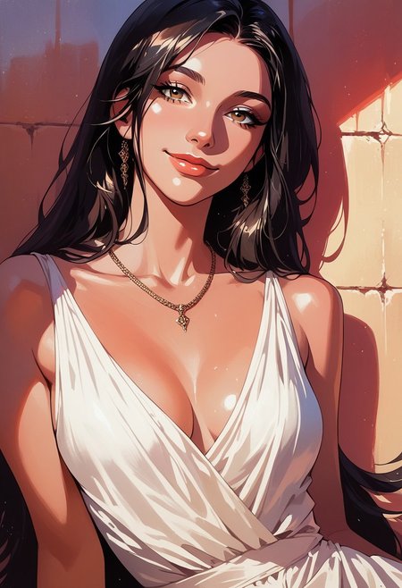 score_9, score_8_up, score_7_up, score_6_up, source_cartoon, 1girl, female, solo, femenine, petite, lean, pale skin,, soaking wet hair, smile, diaphonous white dress, bronze necklace, medium breasts, female focus, official style, close up, perfect anatomy, perfect face, standing,  abstract beauty, beautiful, centered, looking at the camera, approaching perfection, dynamic, moonlight, highly detailed, watercolor painting, artstation, concept art, smooth, sharp focus, illustration, portrait