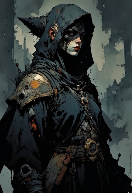 A digital illustration featuring a woman hunter dressed in a dark and ominous outfit in dynamic action. She is wearing a black hooded cloak with a hood that covers their face and upper body. The cloak is made of a shiny, metallic material and has intricate designs and patterns on it. The hood is also covered with a black mask that covers the person's eyes and nose. On the left side of the person, there is a large, pointed headpiece with a feather-like design. The background is dark and foggy, creating a dramatic and ominous atmosphere. The overall mood of the image is ominous and foreboding. (Bloodborne scene, intricate light and shadow play, Cinematic:1.1)
