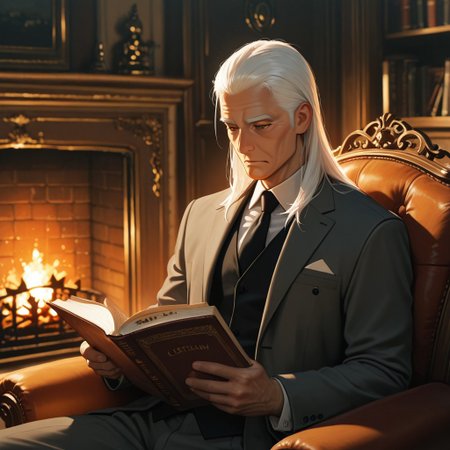 masterpiece, best quality, amazing quality, absurdres, newest, detailed background, definition so sharp, Ultra-HD, 8K cinematic, very awa, impressionate, amazing quality, highres, 
solo, male focus, manly, 
daikakukokujouji, lieutenant_white hair, lieutenant_brown eyes, 1boy, solo, old man, long hair, holding book, reading, relaxed pose,suit jacket, vest, armchair, fireplace, warm glow, stately, sophisticated, comfortable, peaceful, knowledgeable, content, joyful, gentleman