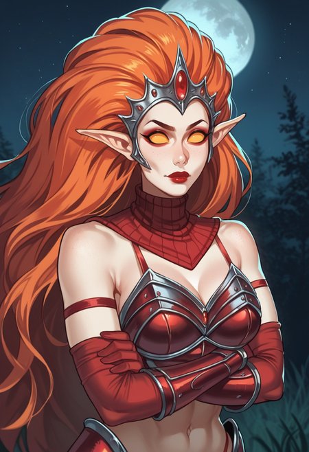 score_9,score_8_up,score_7_up, 1girl, ss-h5BSis, pointy ears, orange sclera, no pupils, blank eyes, lipstick, makeup, redhead, very long hair, big hair, armor, crown, bikini armor, red turtleneck bikini, red elbow gloves, red armlet, outdoors, moon, upper body, arms crossed,
<lora:HoMM_V_-_Blood_MaidenFurySister_3girls_-_Heroes_of_Might_and_Magic_5:0.7>, <lora:Enia_-_Artist_style_model_by_SulfurSniffer-000005:0.8>,