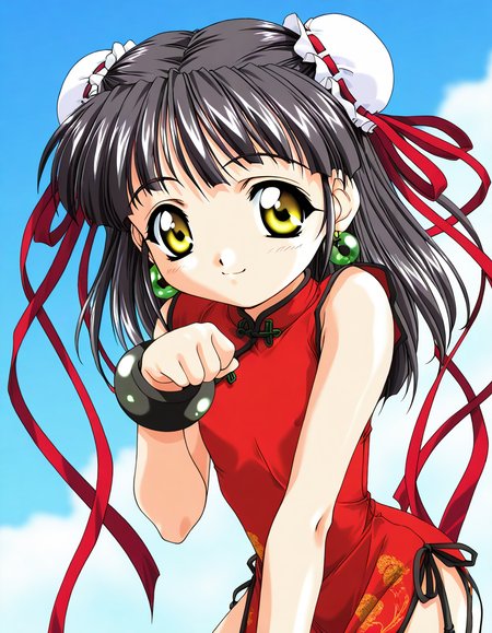 masterpiece, best quality, good quality, <lora:Kounyan_Spiral_NAMI_IS:1>Kounyan, black hair, long hair, double bun, hair bun, bun cover, yellow eyes, ribbon, earrings, flat chest, green jewelry, 2000s \(style\),anime coloring,  short stack,
1girl, solo, chinese clothes, china dress, red dress, smile, paw pose,
bracelet, short hair, 
blue sky,