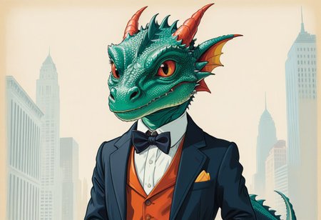 baby dragon (wearing tuxedos:1.1), office (wall street vibes:1.3), teacher dragon (wise eyes:1.1), retro children's book illustration style, thick outlines, vibrant colors, friendly composition