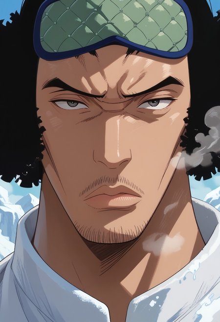 score_9, score_8_up, score_7_up, source_anime, rating_safe, white_Kuzan_ice, KuzanOP, black_Kuzan_eyes, black_Kuzan_hair, black_Kuzan_facial hair, 1boy, male focus, anime screencap, breath, green-blue_Kuzan_sleeping mask on forehead,