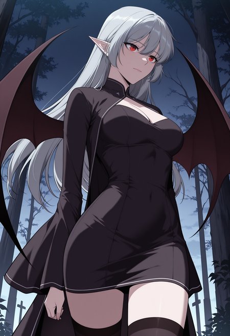 masterpiece,best quality,1girl,red eyes,devil_eyes,long hair,grey hair,hair between eyes,pointy ears,flowing hair,medium breast,cleavage,VampireDZ1,black dress,pencil dress,high collar,collared dress,cut-out dress,open back,white trim,black robe,long sleeves,flowing sleeves,flared cuffs,bat wings,demon wings,red lining,thigh-highs,garter straps,
anime screencap,anime coloring,<lora:AliceF7:1>,<lora:anime_screencap-IllustriousV2:0.7>,
standing utterly still in the center of a vast, overgrown, forgotten cemetery, where moonlight filters eerily through skeletal trees. Her pose is one of regal stillness, a silent guardian. Her eyes hold an ancient, piercing intensity, reflecting centuries of solitude and the countless stories buried beneath her feet
