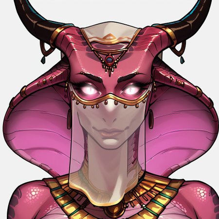 score_9, score_8_up, score_7_up, score_6_up, source_cartoon, black outlines, 1girl, portrait face, (close up:1.5), white background, simple background, cobra, scales, scaly skin, white veil, mouth veil, transparent fabric, tribal jewelry, gold jewelry, horns, piercings, pale skin, pink skin, white glowing eyes, no ears