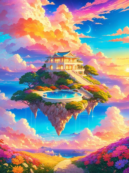 best quality, hdr, hd, cel shading, illustration, masterpiece, floating island in the sky, vibrant crystalline city, terraces, foreground greek villa, studio ghibli, matte painting, beautiful nature landscape, art by rhads, trending on artstation, golden hour, cel shading, breathtaking colorful clouds, stars, streaks, makoto shinkai, latex textures, postcard, synthwave colors, foreground wildflowers, supercell
 <lora:last:1.2>