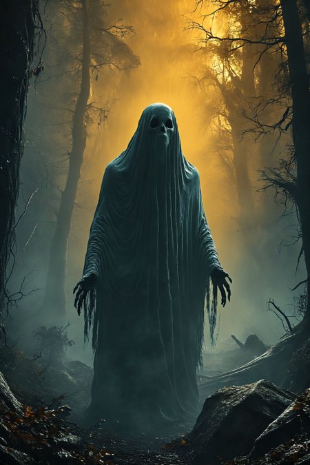 A creepy looking ghost in a dark forest, horror fantasy art, dark fantasy horror art, just art for dark metal music, fantasy horror art, detailed 4k horror artwork, dark fantasy artwork, eerie and grim art style, dark fantasy art, horror artwork, horror art, fantasy dark art, grimdark art, horror concept art, elegant horror artwork  <lora:add-detail-xl:1>  <lora:MJ52:1>