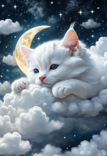 A white kitten is sleeping on the clouds. There's a moon in the night sky and no stars Removed From Image ugly, deformed, noisy, blurry, distorted, out of focus, bad anatomy, extra limbs, poorly drawn face, poorly drawn hands, missing fingers<lora:xl_more_art-full_v1:0.3> <lora:MJ52:0.4>