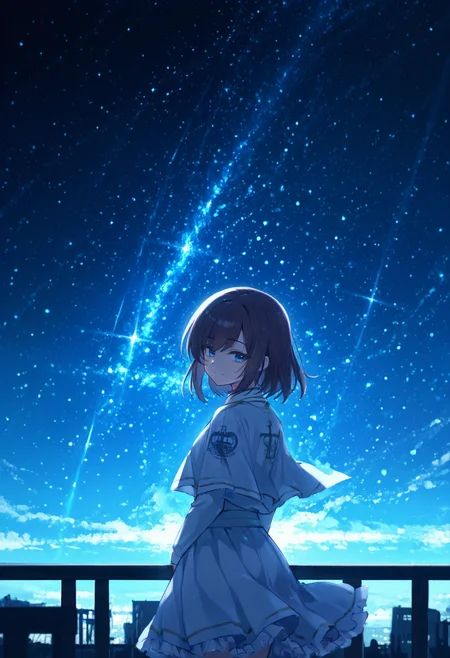 1girl, Tachibana Kimika, school uniform,white capelet,frills,white skirt,cross,frilled skirt, railing, night sky, starry sky, (negative space:0.8),  from behind, backlighting, looking at viewer, blue eyes, smile, looking back, facing away, masterpiece,best quality,absurdres,extremely detailed background,<lora:Tachibana_Kimika_1_nai:1>  <lora:negative-space-merged-3:1>  <lora:nhl-001:0.3> <lora:ShowMeYourLove:0.6> <lora:TIAV10_AutoTagged_P4:0.5> <lora:StS-Illustrious-Detail-Slider-v1.0:1> <lora:NOOB_vp1_detailer_by_volnovik_v1:1>