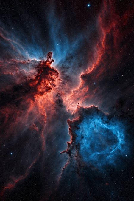 <lora:Vibrant_Nebula_2:0.8> VibrantNebula style.
A brooding mosaic of iron-gray, cobalt blue, and deep ruby gas sheets clash like tectonic plates in the heavens, forming jagged wavefronts and rippling edges along a vast collision zone. At the impact center, starburst cores erupt in shimmering orange light, partially veiled behind complex dust structures that fracture and scatter their glow. Wisps of lighter gas extend like fractures across the image plane, hinting at the aftermath of ancient stellar collisions. Captured from a diagonal drift perspective and rendered with multi-directional volumetric lighting, the composition emphasizes chaos, depth, and latent violence, held still in a moment of frozen force.