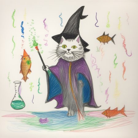 A wizard cat casting a spell to make fish float around him
 <lora:crayons_v1_sdxl:1>