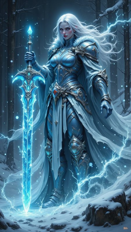 pinkdarkfantasy,
A woman with icy blue armor, holding a sword made of pure ice. Her breath turns to mist as snowflakes swirl around her.