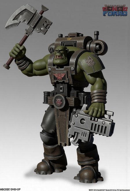Score_9_up, absurdres, source: GamesWorkshop, grimdark, gothic horror, Warhammer 40000, a snarling ork is waving an axe in one hand and firing a machinegun in the other, lifelike, hyperrealism, perfect hands, perfect anatomy, project unreal engine