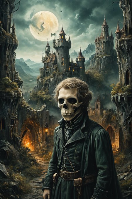Detailed digital portrait of a Illusionary phantom haunting gaslit streets  at a Dilapidated castle surrounded by wilderness, <lora:xl_more_art-full_v1:0.5>,  <lora:The_Crazy_Style:0.7>