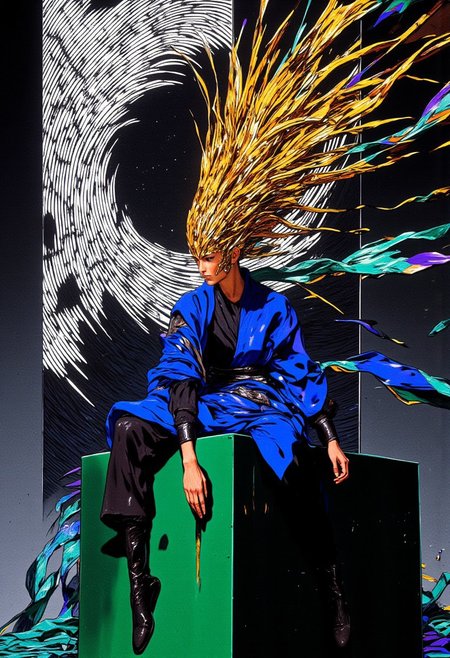 This fashion photograph presents a striking composition of a woman gracefully kneeling on one leg atop a high-gloss emerald green 3x3 square-foot reflective cube, embodying avant-garde elegance. She wears a sculptural cobalt blue asymmetrical dress with sharp, pleated edges that create a dynamic interplay of movement and structure. A bold, high-fashion golden-yellow headpiece extends outward in intricate, fluid loops, with long, flowing ribbons in iridescent teal and deep violet unfurling around her like cascading waves. The cube’s mirror-like surface captures her poised form and the swirling ribbons, amplifying the sense of motion and depth. Behind her, a mesmerizing black-and-white optical illusion backdrop with swirling, vortex-like patterns intensifies the contrast between sharp geometry and fluid motion. The lighting is soft yet directional, casting luminous highlights on the cube’s surface, the metallic sheen of her headpiece, and the delicate folds of her dress, while deep shadows carve out an arresting sense of depth. The minimalist charcoal gray gradient background frames the composition, emphasizing the seamless fusion of futuristic surrealism and contemporary couture.