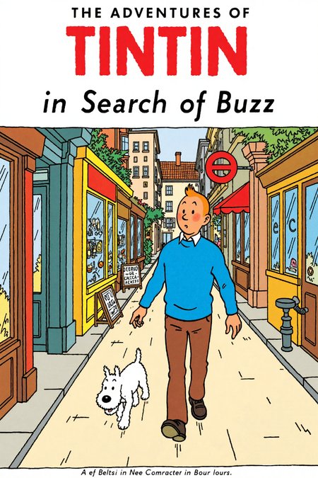 A comic cover in the style of The Adventures of Tintin. Tintin, wearing his blue sweat and brown pants, is walking with a curious expression down a quiet European street filled with vintage storefronts and lively details. The small white dog Snowy trots beside him, looking alert and sniffing the ground. The street is bathed in warm afternoon light, with subtle shadows adding depth. The title of the cover, 'In Search of Buzz,' is boldly displayed at the top in classic Tintin font, with vibrant colors and dynamic composition typical of the series.