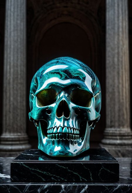 Fujifilm XT3, Sony A7 IV, (award winning photography) a (black: 0.89) marble skull made of opal set on a pedestal in temple, glistening. in the background beautiful pillars, divine (iridescent: 0.79), opalescent textures, volumetric light, ethereal, sparkling, studio photo, highly detailed, sharp focus (highest quality: 1.39) (highest coherency: 1.39) (award winning photography), highly detailed photography, (muted colors, cinematic, dim colors, soothing tones:1.2), vibrant, insanely detailed, hyperdetailed, (dark shot:1.2), (vsco:0.3), (intricate details:0.9), (hdr, hyperdetailed:1.2) (vignette), sss