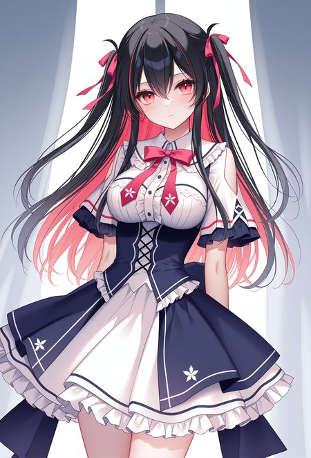 masterpiece, best quality, newest, absurdres, highres,(bison cangshu: 0.6),(hiten \(hitenkei\):0.4),(rimuu:0.5),(mignon:0.5),(sheya:0.6),cowboy shot, 
  ren(def), 1girl, long hair, black hair, multicolored hair, red eyes, hair between eyes, red hair, colored inner hair,
   koisurusefuku, white shirt, frills, frilled skirt, bowtie, <lora:ren(witch)XLNAI:1>,<lora:KoisuruXLNAI:1>