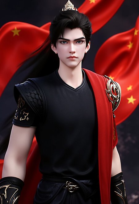 This is a highly detailed photo depicting a young man shihao with a striking appearance. He has long, black hair and intense gray eyes that stand out against his pale skin. His facial expression is serious, with a slight smirk. He is dressed in a sport style black t-shirt and black jeans. A red scarf with a yellow star emblem drapes over his shoulder, adding a bold contrast to the dark colors of his outfit. The background is a mix of dark, shadowy elements and a large, flowing red flag with yellow stars, which dominates the composition, creating a sense of grandeur and patriotism. The overall style is national festival poster in realism, with sharp lines and detailed shading, emphasizing the dramatic and heroic nature of the subject. The image exudes a sense of strength and authority, with the red and gold colors evoking a sense of national pride and military might.