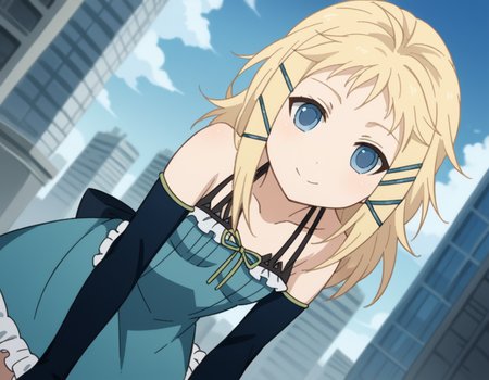 score_9, score_8_up, score_7_up, source_anime,
tinasprout, <lora:tina-sprout-s1-ponyxl-lora-nochekaiser:1>,
tina sprout, long hair, blonde hair, hair ornament, blue eyes,
gloves, dress, bare shoulders, frills, black gloves, elbow gloves, blue dress, frilled dress,
cityscape, street, smile, bent over,
looking at viewer, cowboy shot, solo, dutch angle