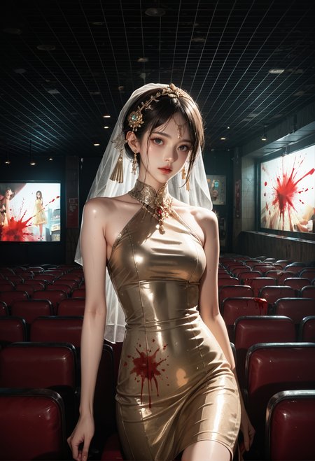 ,ruanyi1050,blood splatter,indoors,cinema,
,ruanyi1009,sleeveless dress,jewelry,gem,hair ornament,skin tight,veil,gold dress,<lora:1050 horror cinema_v1_pony:0.7>,<lora:1009 performance clothes_v1_pony:0.7>, score_9,score_8_up,score_7_up,,8k,1girl,solo,,