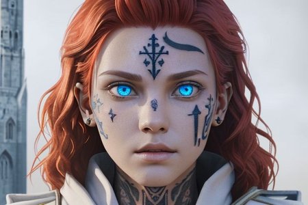bright red hair, human female, (feminine:1.7), (beautiful face, detailed face:1.6), (beautiful eyes, detailed eyes:1.7), (looking at viewer, eye contact, intense:1.6), (long hair, red hair, curly hair:1.3), , ((masterpiece, best quality, high resolution, realistic, best quality,)), photo realistic, Perfect Face, (detailed face). <lora:GoodHands-vanilla:0.6> <lora:add-detail-xl:0.8>, mage, (Dress White military uniform coat), dagger, rune dagger, glowing runes, , (((glowing magic symbols tattoos, religious tattoos))), ((face tattoos)), glowing tattoos, stone tower in the background