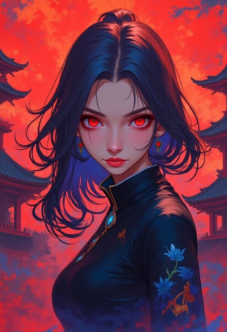 A red and blue anime style portrait of a woman ninja, beautiful colorful temple background