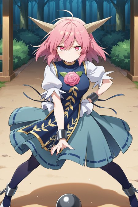absurdres, highres, masterpiece, best quality, amazing quality, official anime artwork, screencap, anime screencap, looking at viewer, serious, dynamic pose, standing,
 <lora:Ibaraki-Doujis-Arm_Illustrious:1> ibaraki douji's arm, 1girl, solo, pink eyes, pink hair, medium hair, horns, medium breasts,, blue tabard, white shirt, puffy short sleeves, aqua skirt, ribbon-trimmed skirt, blue pantyhose, high heels, cuffs, ball and chain restraint, long fingernails, sharp fingernails, outdoors,