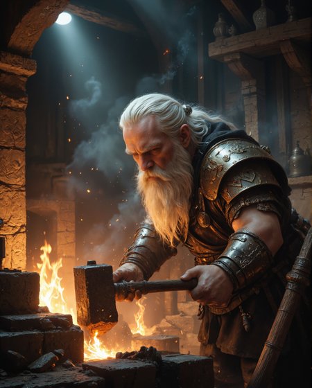 This image depicts a dwarf blacksmith at work in what appears to be a traditional dwarven forge, captured in a moment of intense focus and craftsmanship. The scene is dramatically lit by the burning forge, creating a striking contrast between the warm, fiery glow and the cooler, darker tones of the surrounding workshop. The dwarf himself is portrayed with classic fantasy dwarven features - a long, flowing beard that appears almost golden in the forge light, and long white-grey hair that falls past his shoulders. He is bent over his work in deep concentration, his face illuminated by the flames below, creating dramatic shadows that emphasize his weathered features and furrowed brow. His attire reflects both his craft and his culture. He wears elaborate armor or work gear with intricate dwarven patterns etched into the shoulder pieces and chest. The armor appears to be a combination of leather and metal scales, practical for forge work while maintaining the ornate aesthetic associated with dwarven craftsmanship. The details of the armor's engravings are particularly visible where they catch the light from the forge. The workshop environment is rich with detail. The background shows what appears to be a traditional dwarven stone chamber with architectural elements visible in the shadows. Various tools and implements of the blacksmith's trade are scattered around the workspace, and ornate dwarven designs can be seen carved into the stone walls and structures around him. The most dynamic element of the image is the forge itself, rendered with intense oranges and yellows that suggest extreme heat. Sparks and embers float upward around the scene, creating a sense of active work and energy. The hammer in the dwarf's hands appears to be coming down on his work, and the way the fire flares up suggests he's in the middle of shaping something significant. The lighting is particularly noteworthy, with the forge providing the primary light source that creates strong contrasts throughout the scene. The fire casts a warm glow that highlights the dwarf's beard and armor while leaving the background in cooler, blue-green shadows. This lighting creates a sense of depth and atmosphere while emphasizing the magical or mystical quality often associated with dwarven metalworking. The technical execution of the artwork shows careful attention to materials and textures - from the way light plays off the metal surfaces to the rough stone walls and the organic flow of the dwarf's hair and beard. The color palette is rich but controlled, dominated by the warm oranges and yellows of the forge fire contrasting with the cooler tones of the surrounding workshop. There's a strong sense of movement and energy in the composition, despite it being a single frozen moment. The flying sparks, the dwarf's posture, and the flaring forge fire all contribute to making the scene feel alive and dynamic. The overall mood is one of focused craftsmanship and ancient tradition, capturing the essence of dwarven culture's legendary connection to metalworking and forge craft. The attention to detail in both the character and the environment creates a convincing glimpse into a fantasy world's interpretation of dwarven crafting traditions, making the scene feel both magical and grounded in the practical aspects of metalworking.