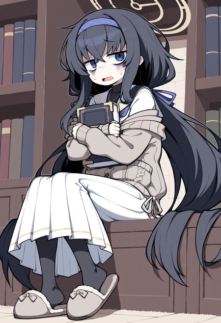 masterpiece,best quality,amazing quality,
1girl, ui (blue archive), solo, slippers, bags under eyes, skirt, long hair, black hair, blue eyes, halo, hairband, white skirt, book, long skirt, twintails, pleated skirt, looking at viewer, sailor collar, holding book, cardigan, very long hair, long sleeves, bangs, blue hairband, holding, low twintails, ribbon, open mouth, hair ribbon, school uniform, object hug, white sailor collar, black pantyhose, grey cardigan, white serafuku, sitting, serafuku, pantyhose, off shoulder, sweatdrop,
<lora:AverageHanzo_epoch_10:1>