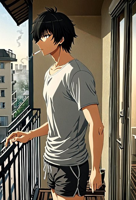 high resolution, solo, best quality, 1Boy, Seiya Kanie, black hair, short hair, thin, home balcony, morning, cigarette, coffee, t-shirt, shorts, looking away, OverallDetail