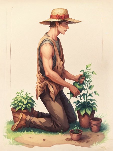 score_9, score_8_up, score_7_up,  <lora:Oblivion:1> oblivionarts, gardener, gardening, kneeling, spade, dirt pile, profile, ((simple background)), ornate border
