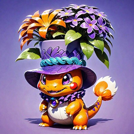in a flower pot, an anthropomorphic fluffy charmander who has large arms, purple white foot, especially retracted up in a horn, and with a purple/purple horn ruffled to the side of  the braid